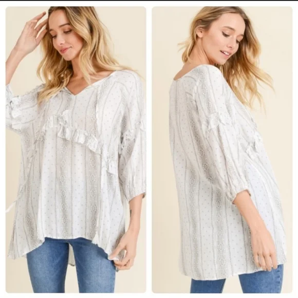 🔥$5🔥BOHO PRINTED TUNIC W/RUFFLES-HIGH/LOW HEM - Picture 2 of 6